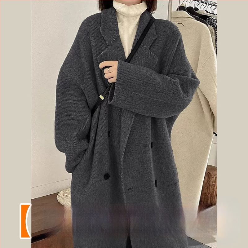 Palton din lână, lungime medie, închidere cu nasturi dubli, gros, stil japonez-coreean casual