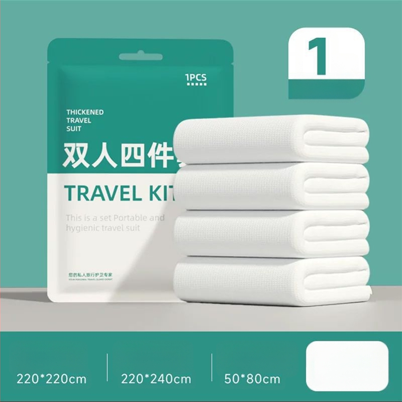 Vienkartinis keturių dalių patalynės komplektas kelionėms ir traukinių miegamiesiems: paklodė, antklodės užvalkalas, pagalvių užvalkalai, miegmaišis