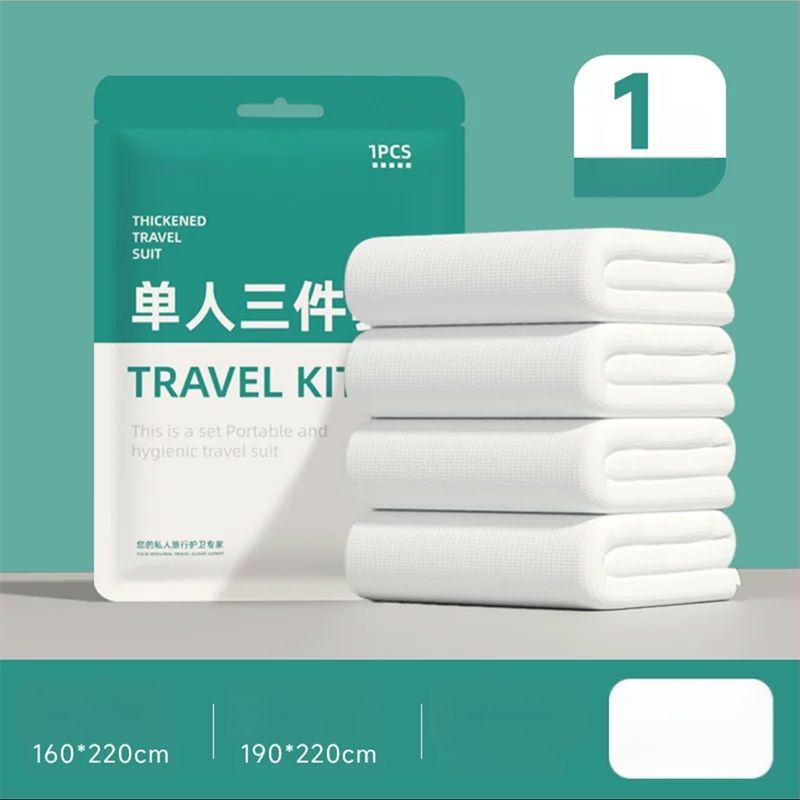 Vienkartinis keturių dalių patalynės komplektas kelionėms ir traukinių miegamiesiems: paklodė, antklodės užvalkalas, pagalvių užvalkalai, miegmaišis