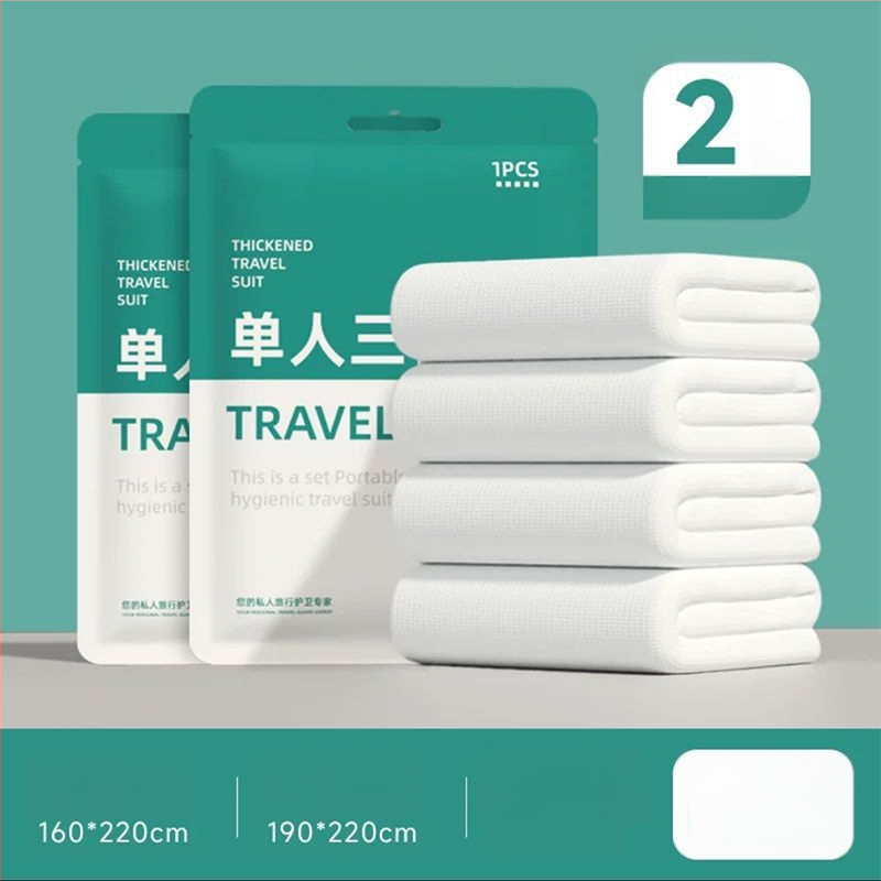 Vienkartinis keturių dalių patalynės komplektas kelionėms ir traukinių miegamiesiems: paklodė, antklodės užvalkalas, pagalvių užvalkalai, miegmaišis