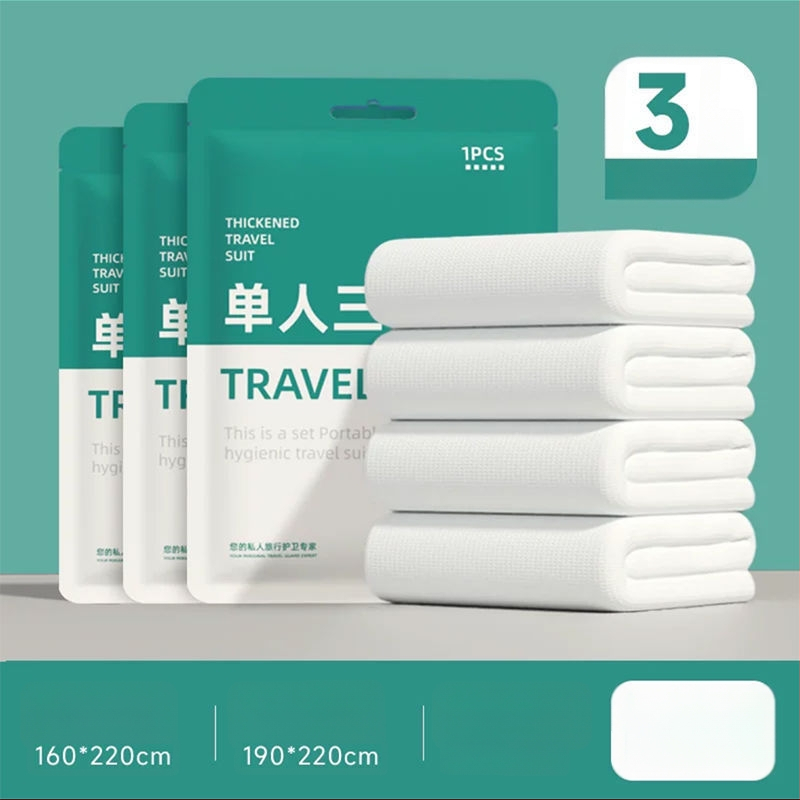 Vienkartinis keturių dalių patalynės komplektas kelionėms ir traukinių miegamiesiems: paklodė, antklodės užvalkalas, pagalvių užvalkalai, miegmaišis