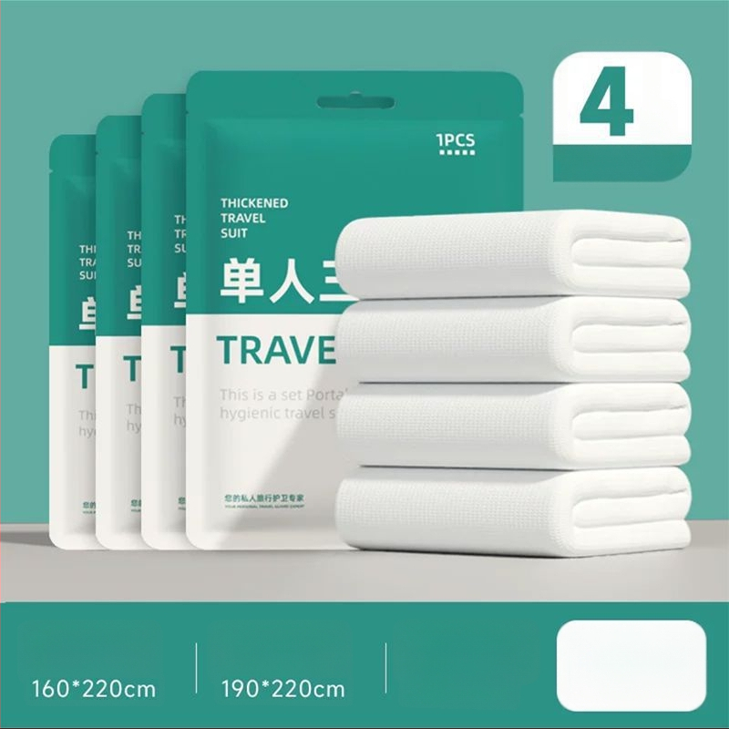 Vienkartinis keturių dalių patalynės komplektas kelionėms ir traukinių miegamiesiems: paklodė, antklodės užvalkalas, pagalvių užvalkalai, miegmaišis