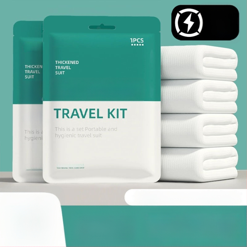 Vienkartinis keturių dalių patalynės komplektas kelionėms ir traukinių miegamiesiems: paklodė, antklodės užvalkalas, pagalvių užvalkalai, miegmaišis