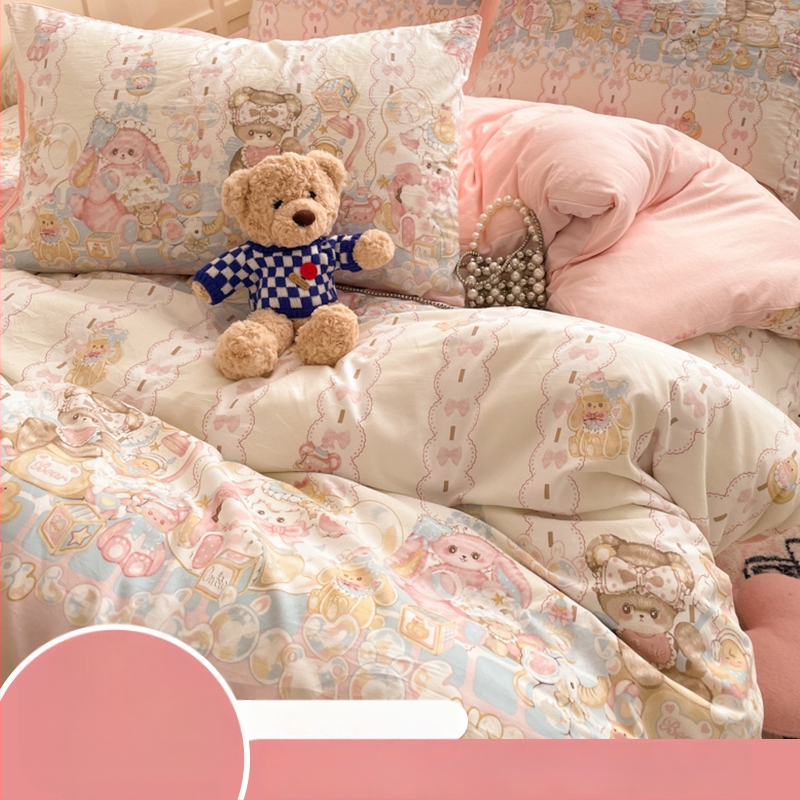 Četra gabalu guļamistabas komplekts no mazgātas kokvilnas, zīmējums ar dzīvniekiem, reaktīvā druka un birstētais audums, 40-count, svars 2000–2500 g