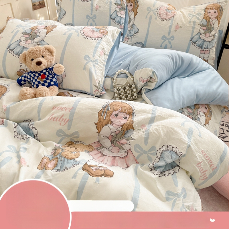 Četra gabalu guļamistabas komplekts no mazgātas kokvilnas, zīmējums ar dzīvniekiem, reaktīvā druka un birstētais audums, 40-count, svars 2000–2500 g