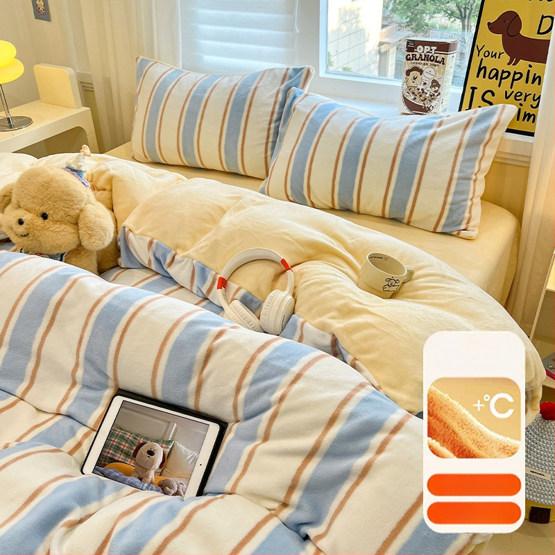 Milk velvet četrdaļīgs gultas komplekts, Muji stils, antistatiskas īpašības, raksts svītras vai kvadrāti