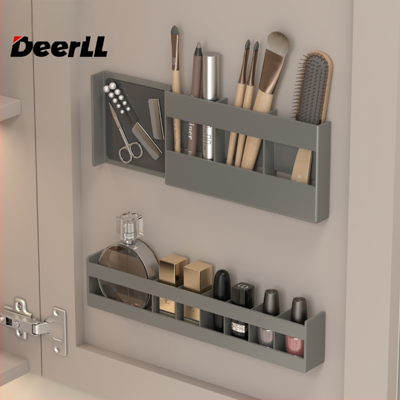 Stienā stiprināms plastmasas trīs līmeņu kosmētikas un lūpu krāsu uzglabāšanas plaukts vannas istabas spoguļa durvīm