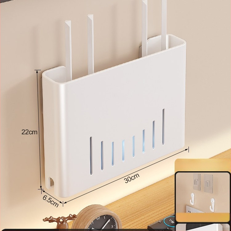 Sienas stiprināms skapītis maršrutatora un WiFi ierīcēm – metāls, minimālistisks stils, 1 līmenis, piemērots guļamistabai un viesistabai