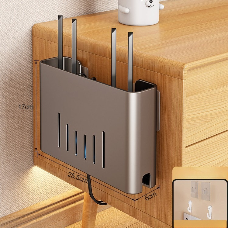 Sienas stiprināms skapītis maršrutatora un WiFi ierīcēm – metāls, minimālistisks stils, 1 līmenis, piemērots guļamistabai un viesistabai