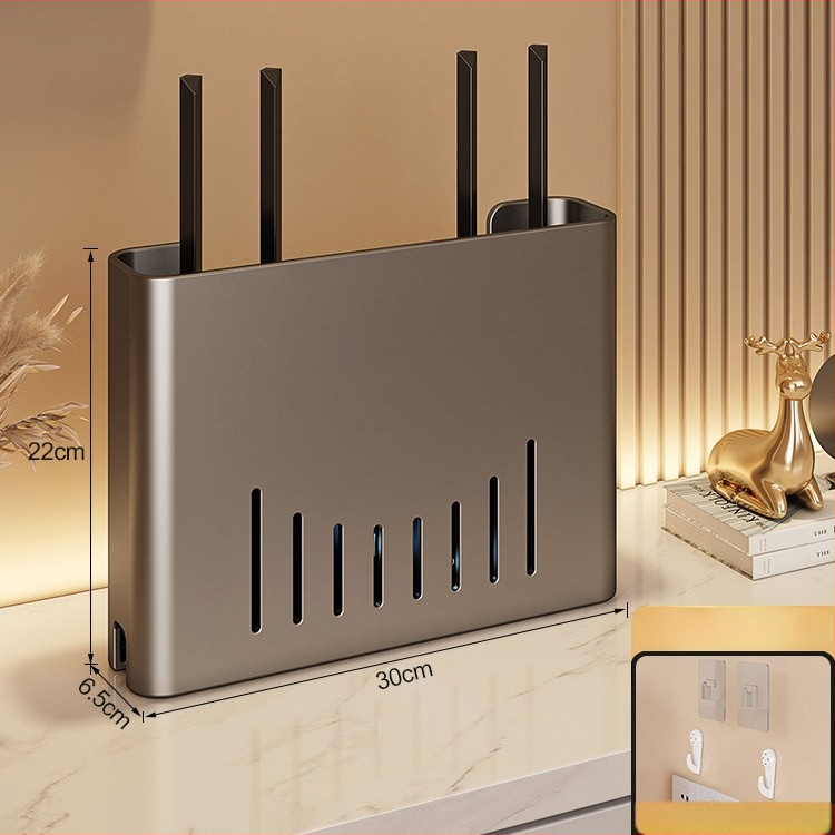 Sienas stiprināms skapītis maršrutatora un WiFi ierīcēm – metāls, minimālistisks stils, 1 līmenis, piemērots guļamistabai un viesistabai