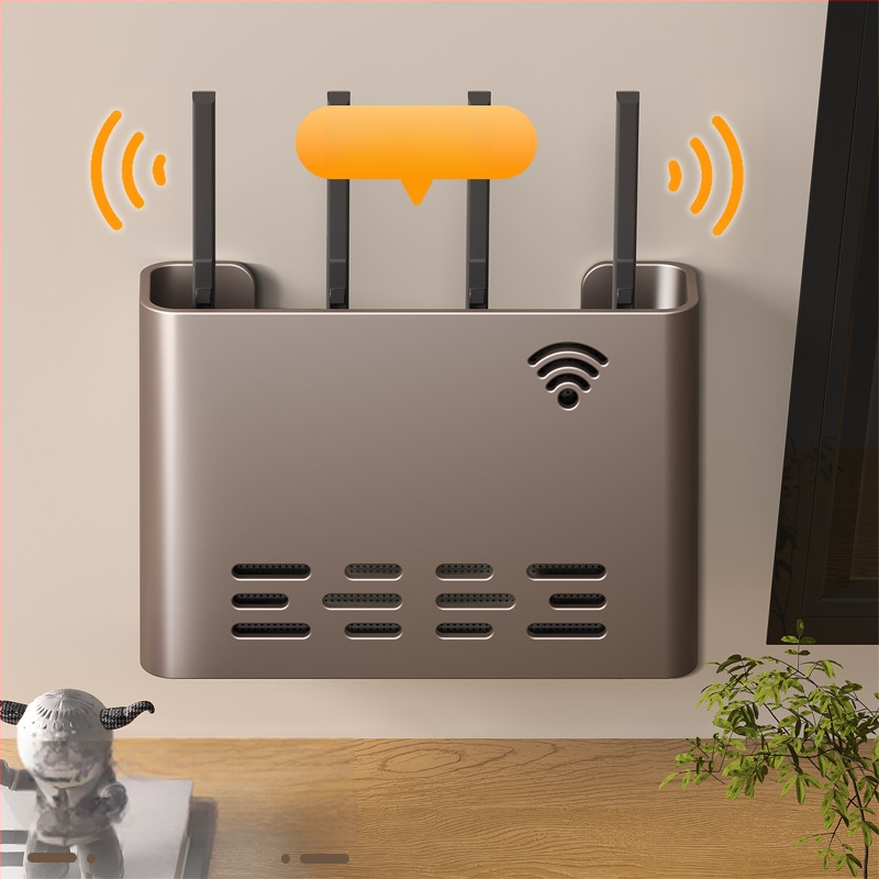 Sienas stiprināms skapītis maršrutatora un WiFi ierīcēm – metāls, minimālistisks stils, 1 līmenis, piemērots guļamistabai un viesistabai
