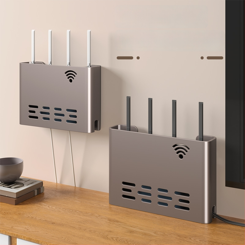 Sienas stiprināms skapītis maršrutatora un WiFi ierīcēm – metāls, minimālistisks stils, 1 līmenis, piemērots guļamistabai un viesistabai