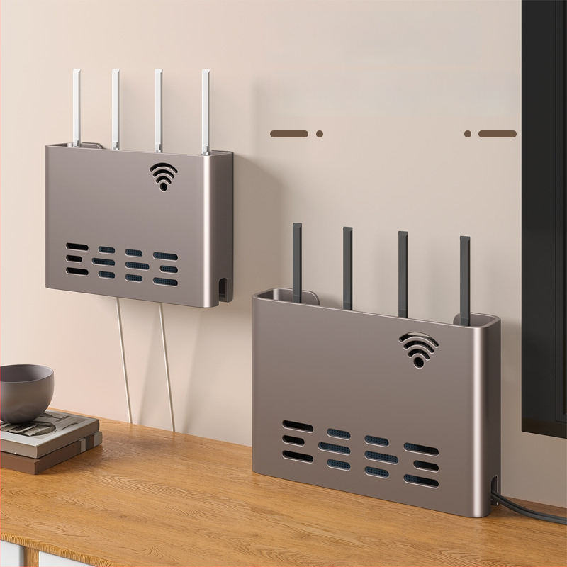 Sienas stiprināms skapītis maršrutatora un WiFi ierīcēm – metāls, minimālistisks stils, 1 līmenis, piemērots guļamistabai un viesistabai