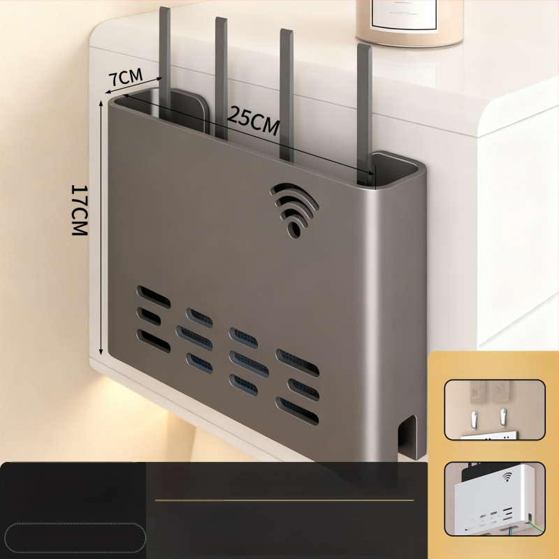Sienas stiprināms skapītis maršrutatora un WiFi ierīcēm – metāls, minimālistisks stils, 1 līmenis, piemērots guļamistabai un viesistabai