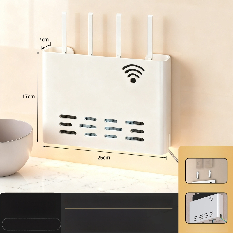 Sienas stiprināms skapītis maršrutatora un WiFi ierīcēm – metāls, minimālistisks stils, 1 līmenis, piemērots guļamistabai un viesistabai