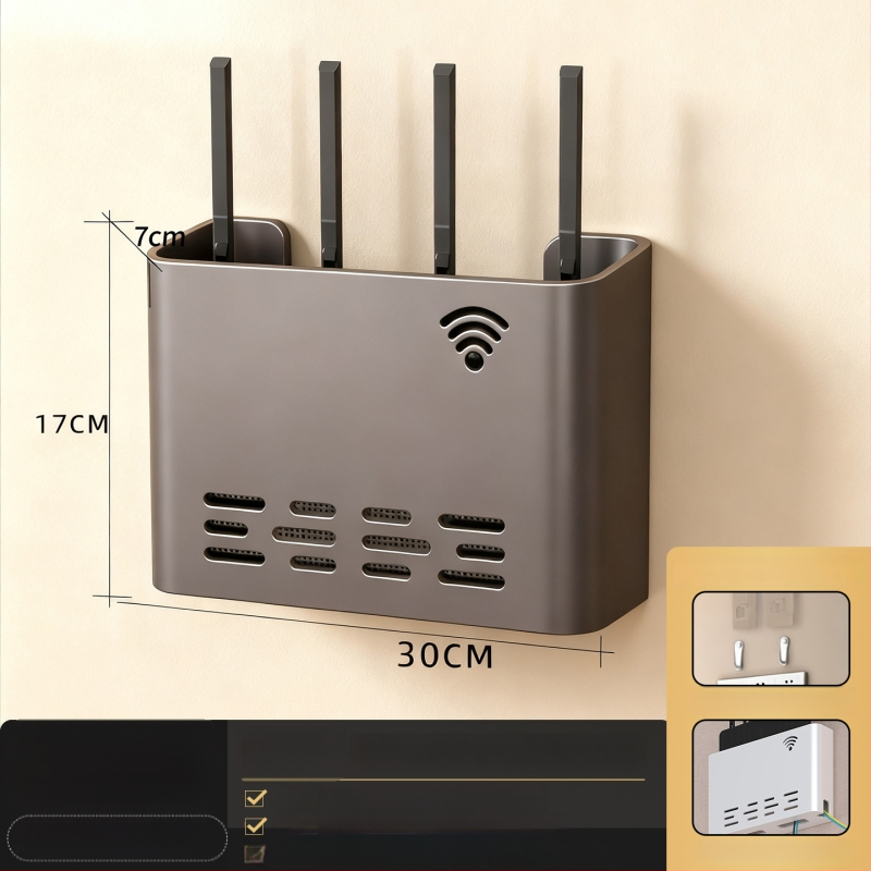 Sienas stiprināms skapītis maršrutatora un WiFi ierīcēm – metāls, minimālistisks stils, 1 līmenis, piemērots guļamistabai un viesistabai