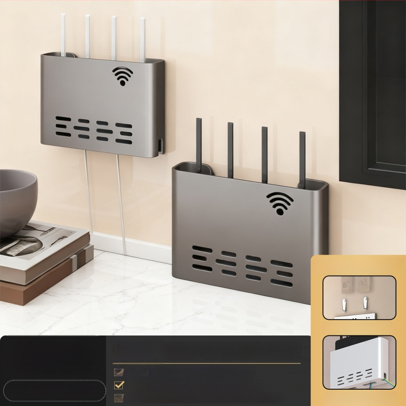 Sienas stiprināms skapītis maršrutatora un WiFi ierīcēm – metāls, minimālistisks stils, 1 līmenis, piemērots guļamistabai un viesistabai