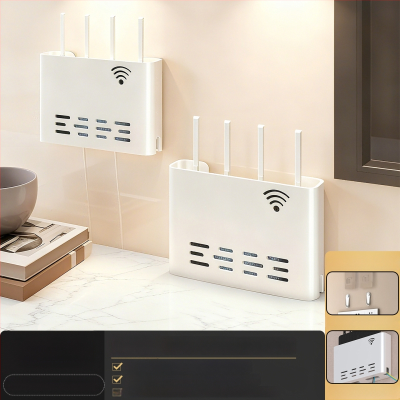 Sienas stiprināms skapītis maršrutatora un WiFi ierīcēm – metāls, minimālistisks stils, 1 līmenis, piemērots guļamistabai un viesistabai