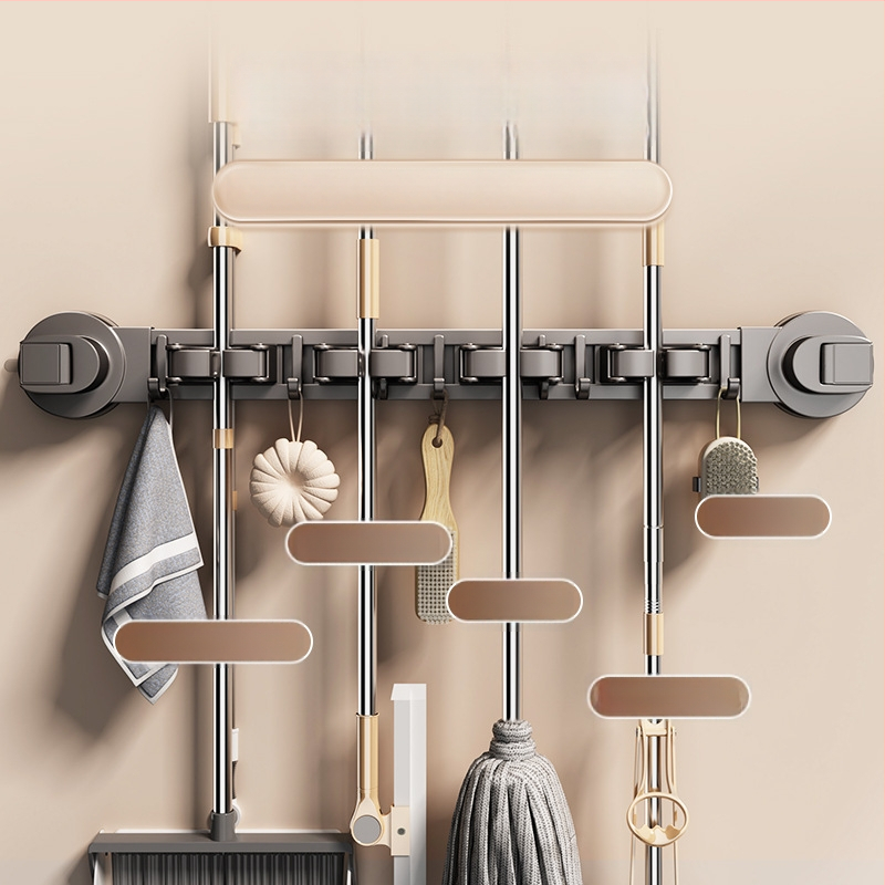 Mopu turētājs ar sūkņa kausu – sienas uzstādīšana bez urbumiem, no oglekļa tērauda + ABS, pulverizēts pārklājums, mūsdienīgs minimālisma stils, zīmols Diligent