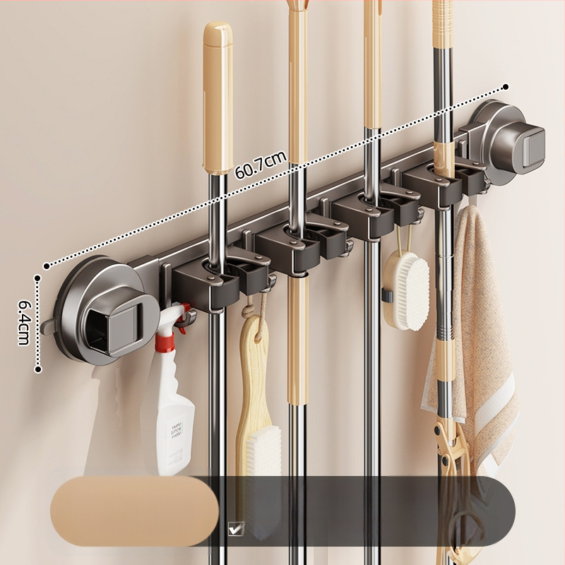 Mopu turētājs ar sūkņa kausu – sienas uzstādīšana bez urbumiem, no oglekļa tērauda + ABS, pulverizēts pārklājums, mūsdienīgs minimālisma stils, zīmols Diligent