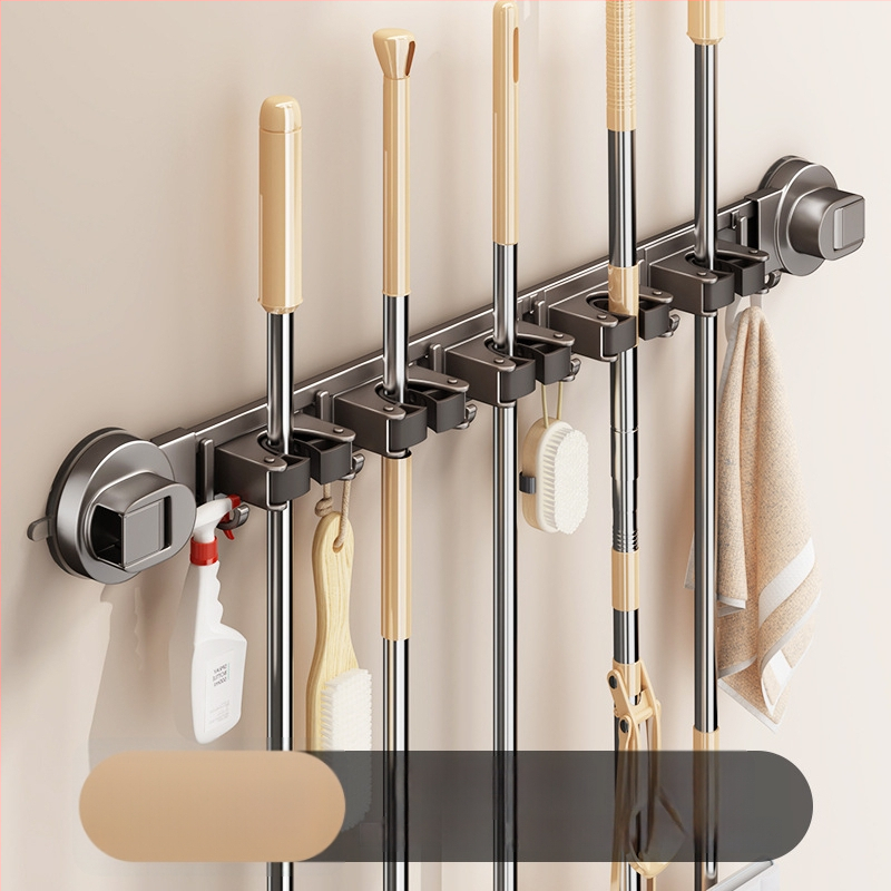 Mopu turētājs ar sūkņa kausu – sienas uzstādīšana bez urbumiem, no oglekļa tērauda + ABS, pulverizēts pārklājums, mūsdienīgs minimālisma stils, zīmols Diligent