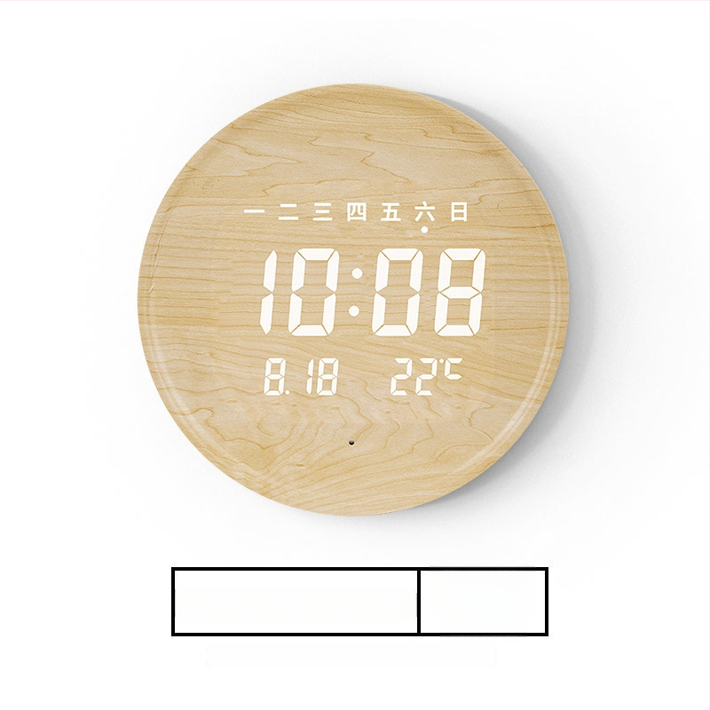 Elektronikus falióra LED kijelzővel, hőmérővel, 24 órás és naptári funkciókkal, fa kerettel, külső tápegységgel