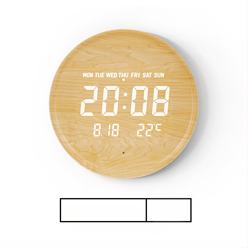 Elektronikus falióra LED kijelzővel, hőmérővel, 24 órás és naptári funkciókkal, fa kerettel, külső tápegységgel
