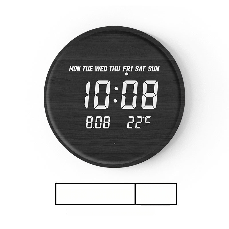 Elektronikus falióra LED kijelzővel, hőmérővel, 24 órás és naptári funkciókkal, fa kerettel, külső tápegységgel