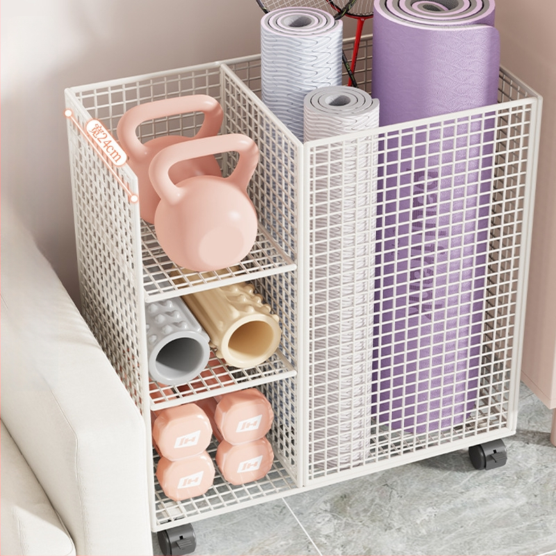 Qin qi Dzelzs jogas paklāja uzglabāšanas grozs ar riteņiem – mūsdienīgs vienkāršs stils, ratiņi mājas fitnesa aprīkojumam un badmintonam