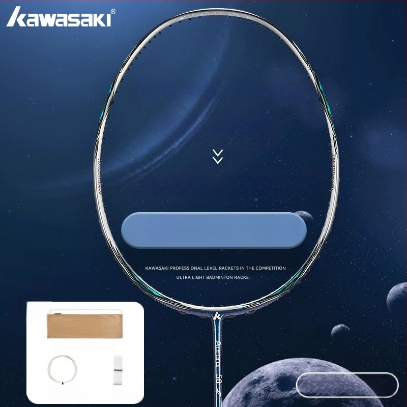 Kawasaki Aurora 50s badmintoni reket, kogu süsinikkiust raam, kaal 85-89 g, käepideme suurus G5, otsene löök, nailonistrungad