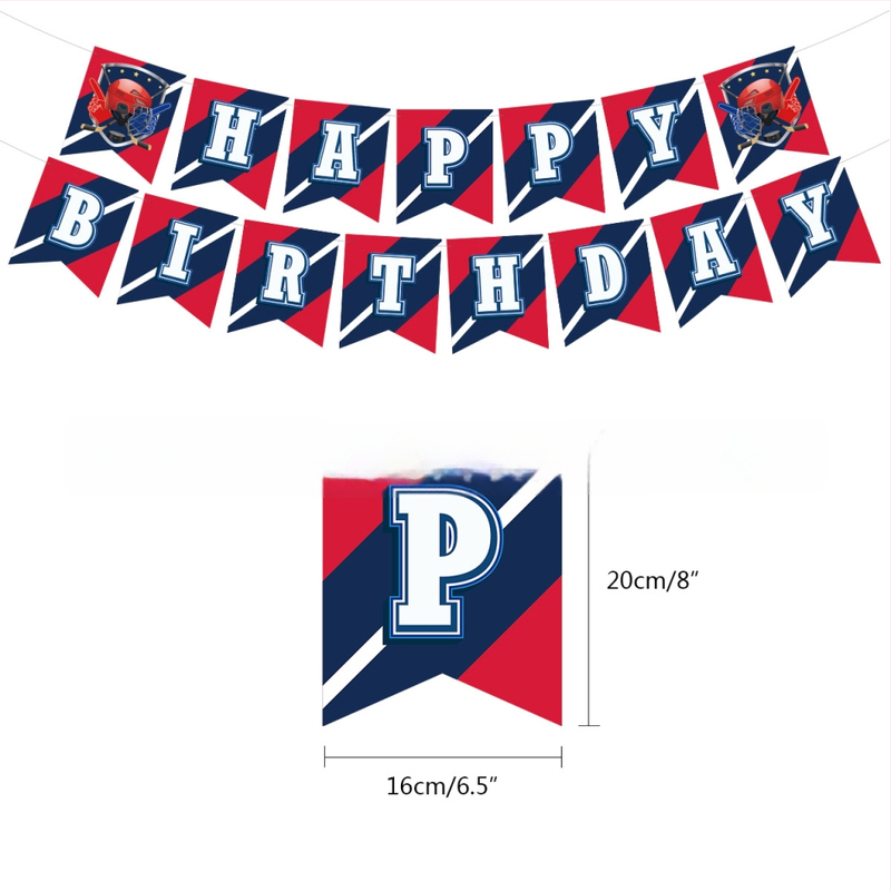 Hokejo tematikos vaikų gimtadienio rinkinio dekoracijos — torto toppers su hokejo motyvu, vėliavėlės, balionai, durų ženklai ir pakabintos kortelės; geometrinis dizainas, modernus ir minimalistinis; medžiaga: dengtas popierius.