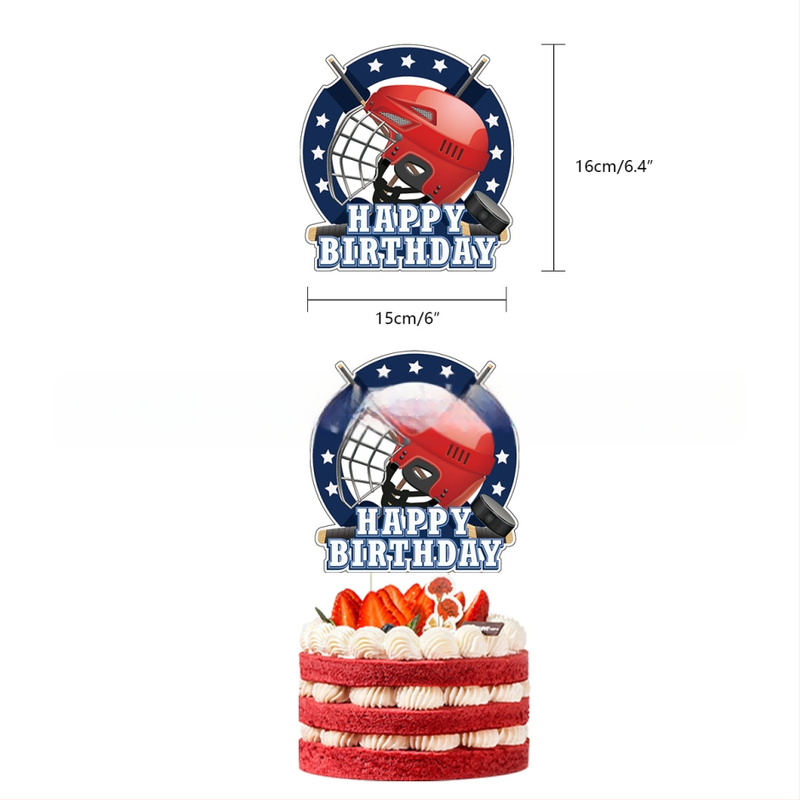 Hokejo tematikos vaikų gimtadienio rinkinio dekoracijos — torto toppers su hokejo motyvu, vėliavėlės, balionai, durų ženklai ir pakabintos kortelės; geometrinis dizainas, modernus ir minimalistinis; medžiaga: dengtas popierius.