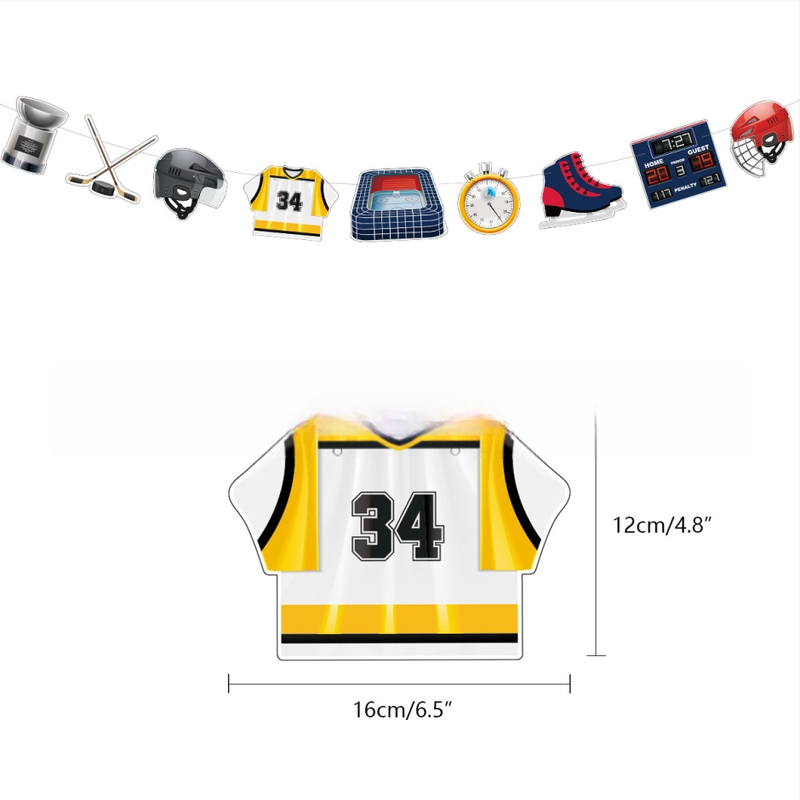 Hokejo tematikos vaikų gimtadienio rinkinio dekoracijos — torto toppers su hokejo motyvu, vėliavėlės, balionai, durų ženklai ir pakabintos kortelės; geometrinis dizainas, modernus ir minimalistinis; medžiaga: dengtas popierius.