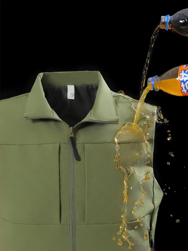 Férfi munkás mellény, több zsebbel, álló gallér, előről cipzár, laza kardigán szabás, 100% poliészter