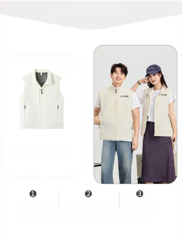 Férfi munkás mellény, több zsebbel, álló gallér, előről cipzár, laza kardigán szabás, 100% poliészter