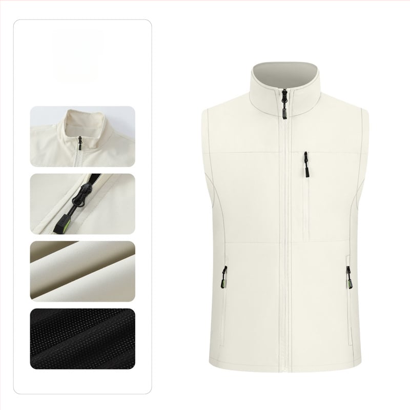 Férfi munkás mellény, több zsebbel, álló gallér, előről cipzár, laza kardigán szabás, 100% poliészter