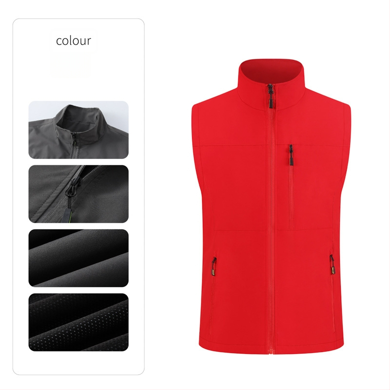 Férfi munkás mellény, több zsebbel, álló gallér, előről cipzár, laza kardigán szabás, 100% poliészter