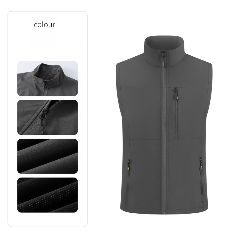 Férfi munkás mellény, több zsebbel, álló gallér, előről cipzár, laza kardigán szabás, 100% poliészter