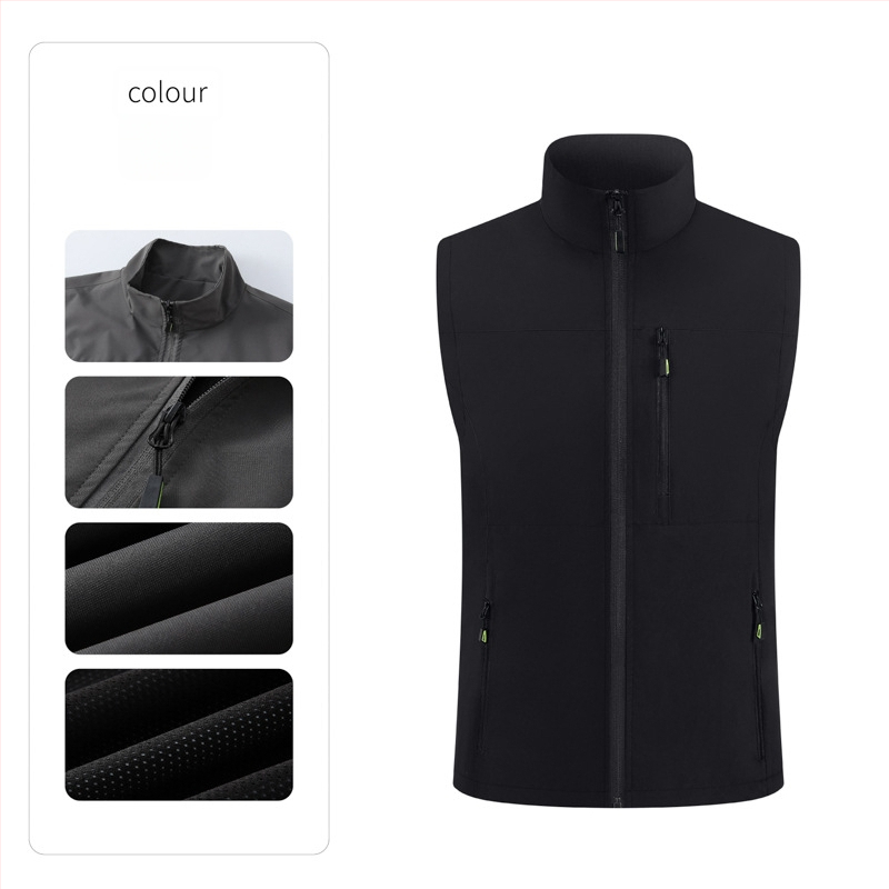 Férfi munkás mellény, több zsebbel, álló gallér, előről cipzár, laza kardigán szabás, 100% poliészter