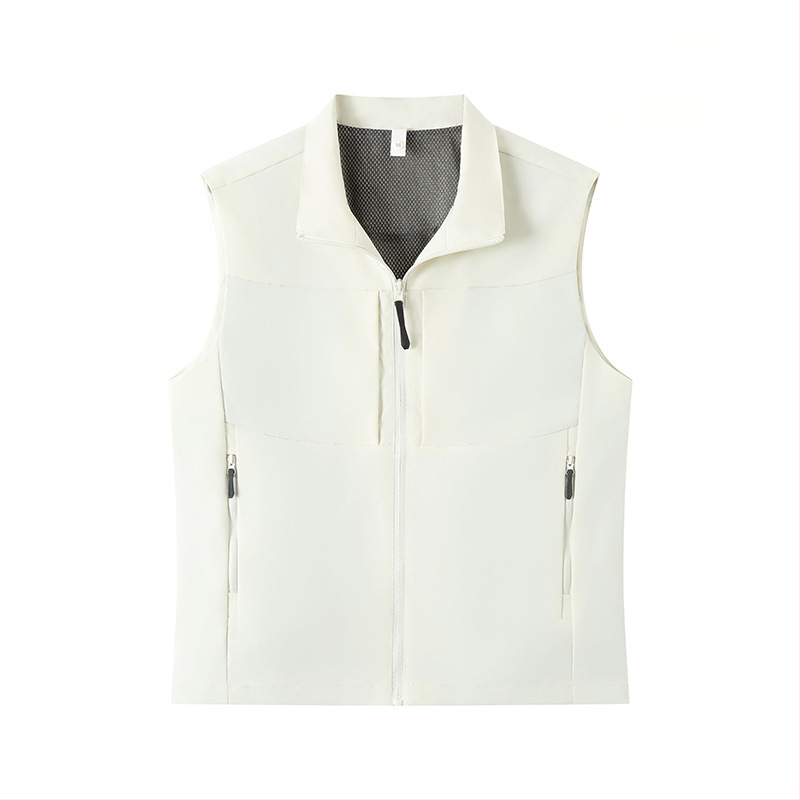 Férfi munkás mellény, több zsebbel, álló gallér, előről cipzár, laza kardigán szabás, 100% poliészter