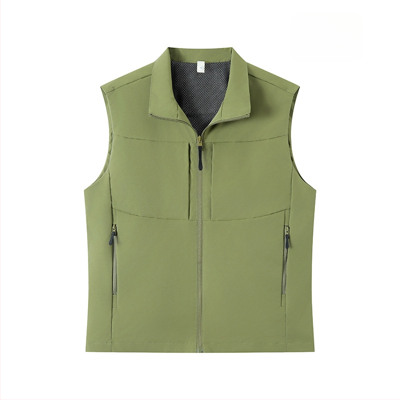 Férfi munkás mellény, több zsebbel, álló gallér, előről cipzár, laza kardigán szabás, 100% poliészter