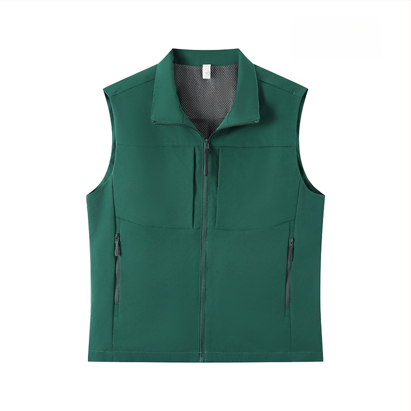 Férfi munkás mellény, több zsebbel, álló gallér, előről cipzár, laza kardigán szabás, 100% poliészter