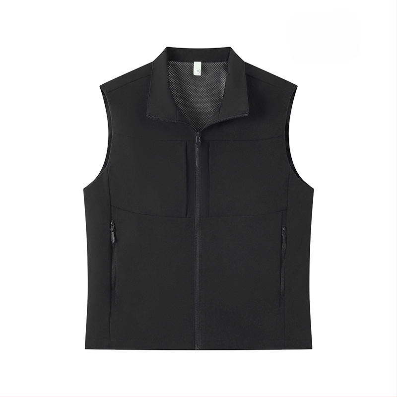 Férfi munkás mellény, több zsebbel, álló gallér, előről cipzár, laza kardigán szabás, 100% poliészter