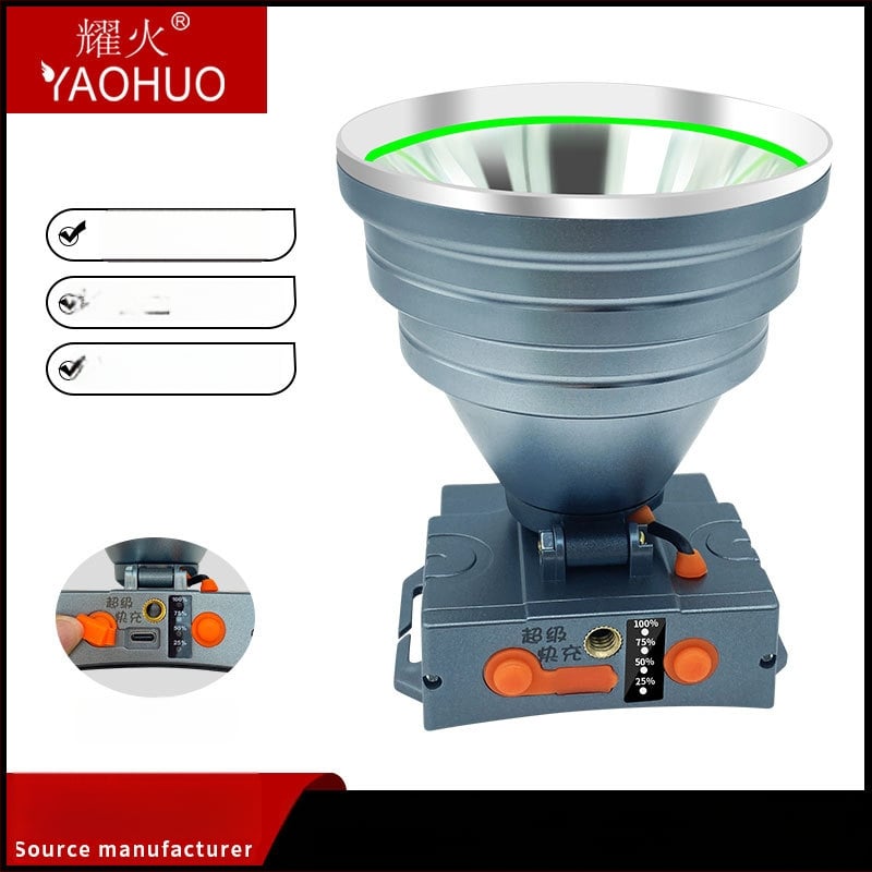 Aukštos galios galvos žibintas, ABS korpusas, 300–500W, 9000mAh baterija, diapazonas 200–500m, įkraunamas