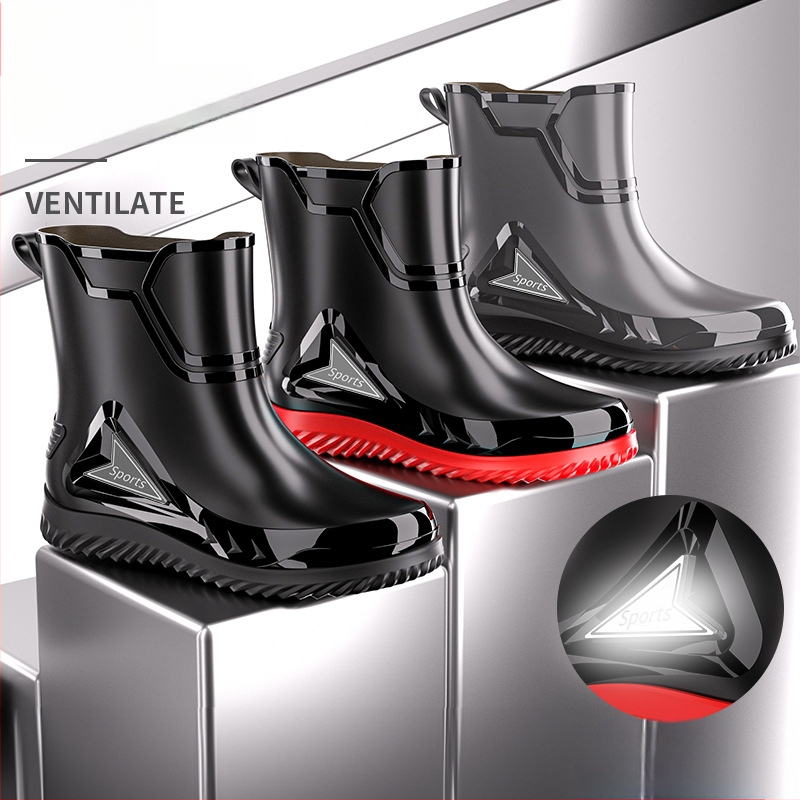 Vīriešu lietus zābaki ar PVC augšdaļu, vidēja caurules augstums, injekcijas veidota plastmasas zole, apaļa purns, piemērotas visām sezonām