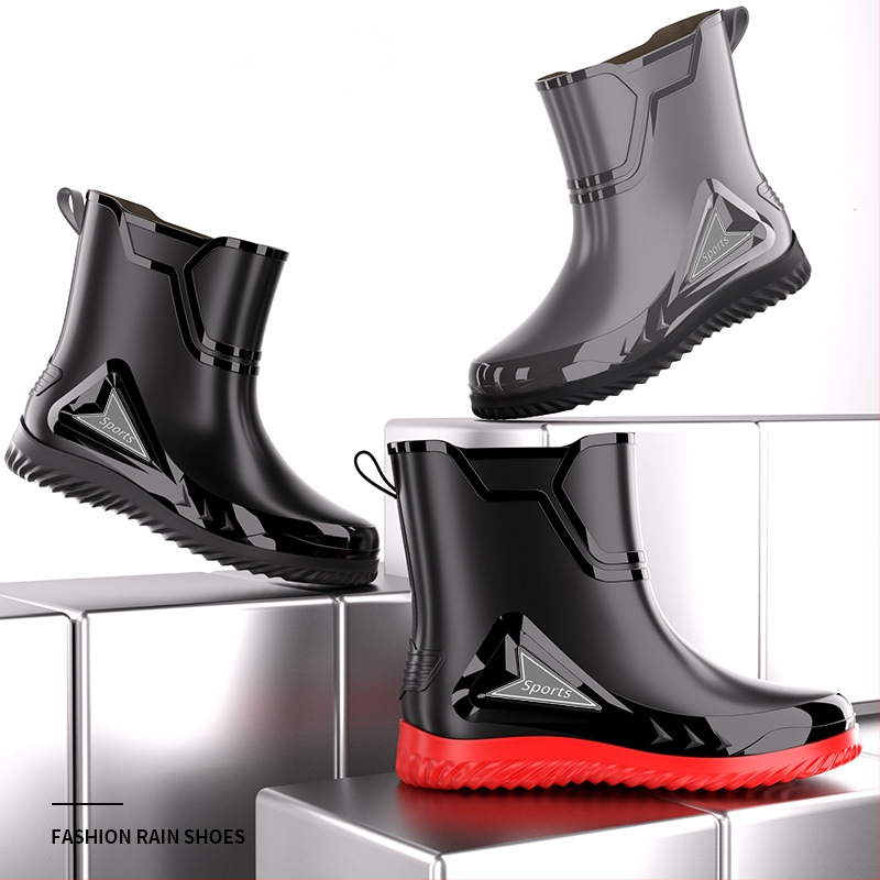 Vīriešu lietus zābaki ar PVC augšdaļu, vidēja caurules augstums, injekcijas veidota plastmasas zole, apaļa purns, piemērotas visām sezonām