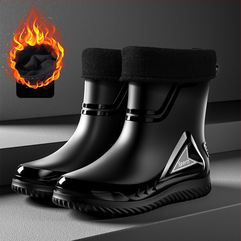 Vīriešu lietus zābaki ar PVC augšdaļu, vidēja caurules augstums, injekcijas veidota plastmasas zole, apaļa purns, piemērotas visām sezonām