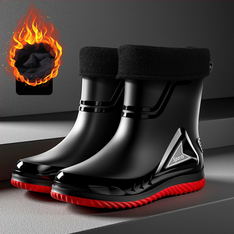 Vīriešu lietus zābaki ar PVC augšdaļu, vidēja caurules augstums, injekcijas veidota plastmasas zole, apaļa purns, piemērotas visām sezonām