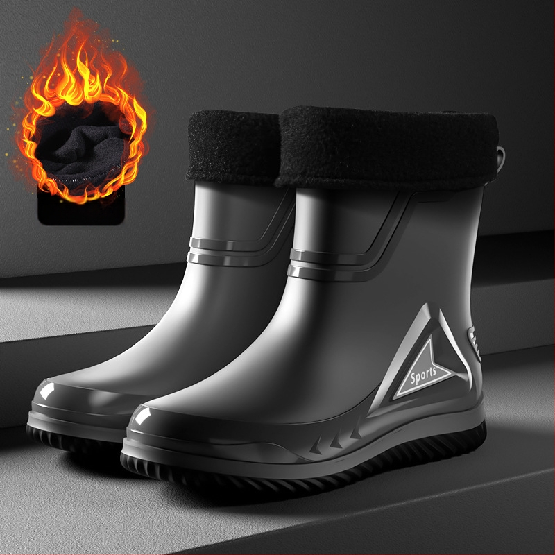 Vīriešu lietus zābaki ar PVC augšdaļu, vidēja caurules augstums, injekcijas veidota plastmasas zole, apaļa purns, piemērotas visām sezonām