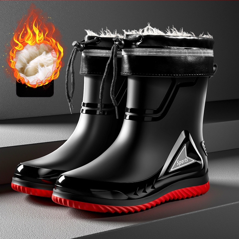 Vīriešu lietus zābaki ar PVC augšdaļu, vidēja caurules augstums, injekcijas veidota plastmasas zole, apaļa purns, piemērotas visām sezonām